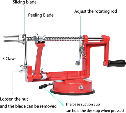 Apple Peeler Corer, Apple Peeler, 3 in 1 Peel Slice Remove Core, with Suction Base Suitable for Apples, Pears, Potatoes, Carrots (Red)