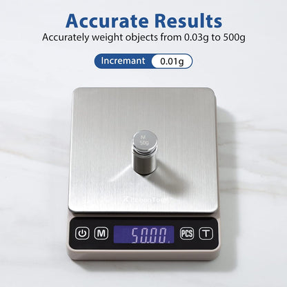 KitchenTour Digital Kitchen Gram Scale - 500g/0.01g - High Accuracy Precision Food Scale - Meat Scale with Back-Lit LCD Display(Batteries Included)-Black