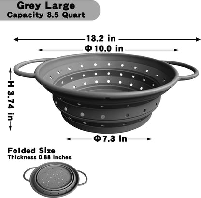 Silicone Collapsible Colander with Handle, Kitchen Colander for Easy Storage,Four-side Fast Draining Silicone Draining Basket, Perfect for Fruits Vegetables (Gray M)