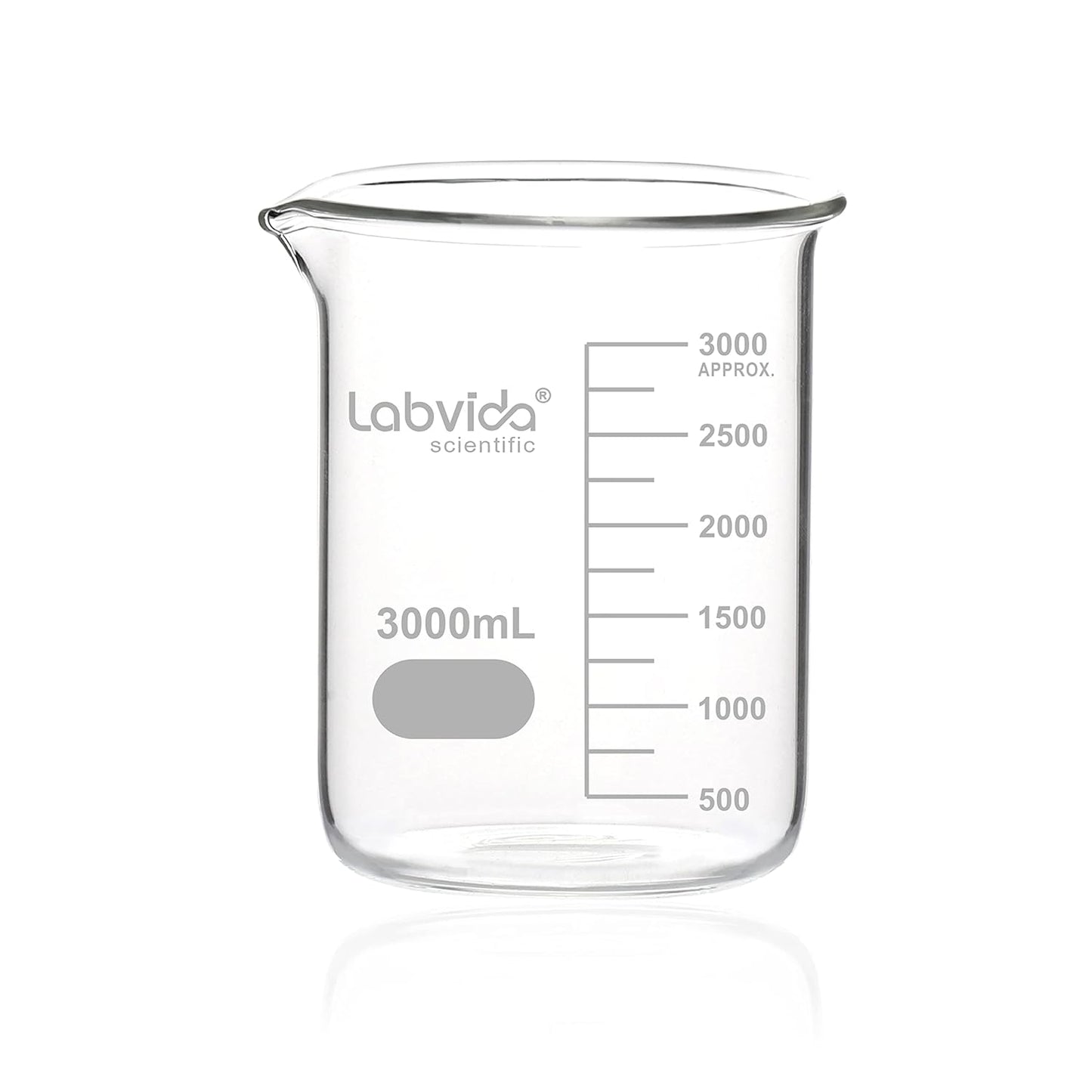 Upgrated 6 Size Low Form Glass Beaker Set, 25ml 50ml 100ml 250ml 500ml 1000ml, 3.3 Boro Glass beakers with Printed Graduation, LVA019