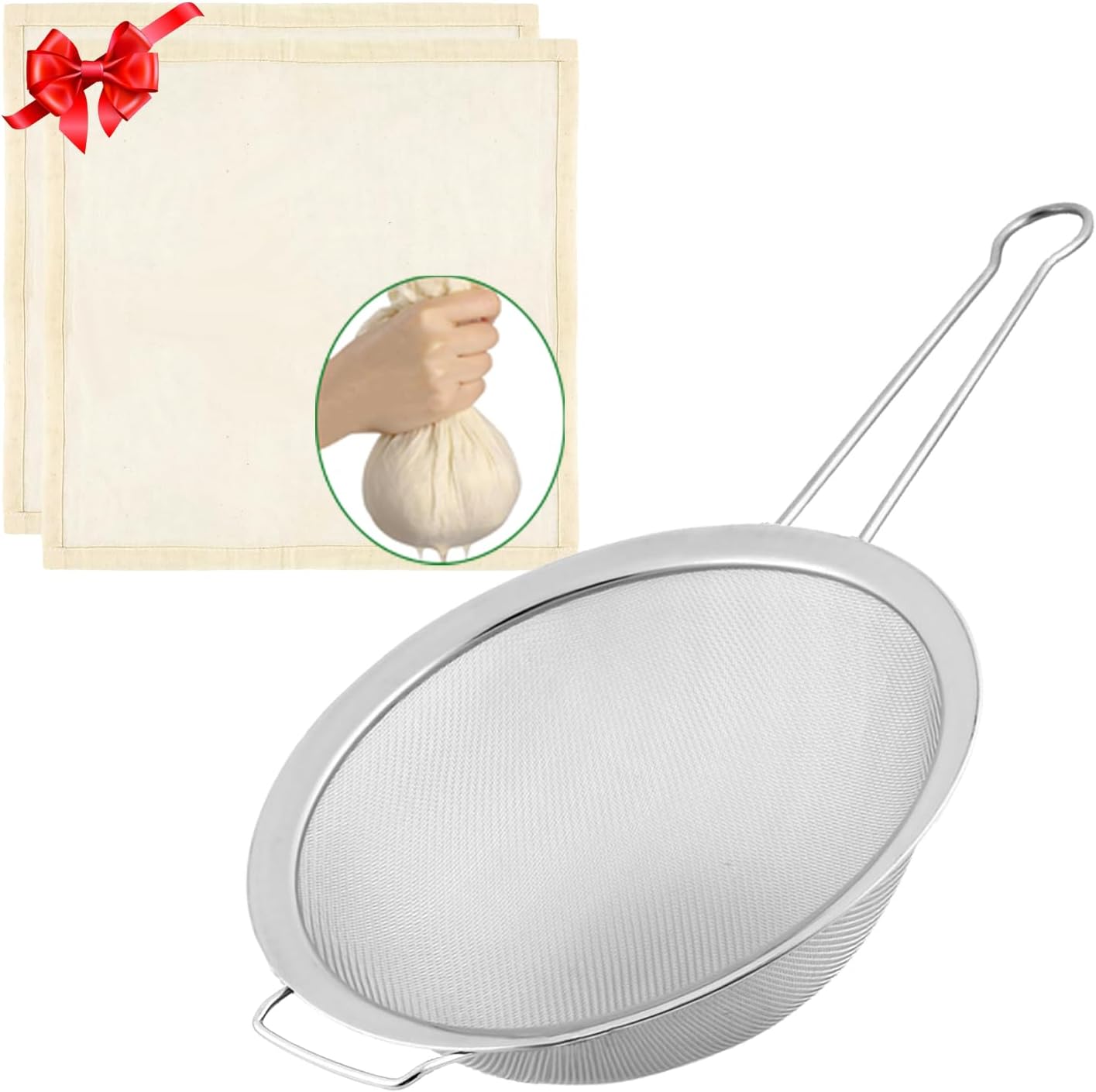 Fine Mesh Strainer with Sturdy Handle, 7.76 Inch Stainless Steel Strainers, Bonus 20x20 Inch Reusable Cotton Cheese Cloths with 4 Hemmed Edges, Sieve Sifter for Straining, Cooking, Baking