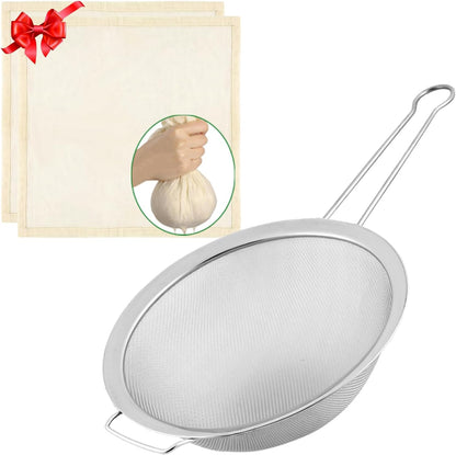 Fine Mesh Strainer with Sturdy Handle, 7.76 Inch Stainless Steel Strainers, Bonus 20x20 Inch Reusable Cotton Cheese Cloths with 4 Hemmed Edges, Sieve Sifter for Straining, Cooking, Baking