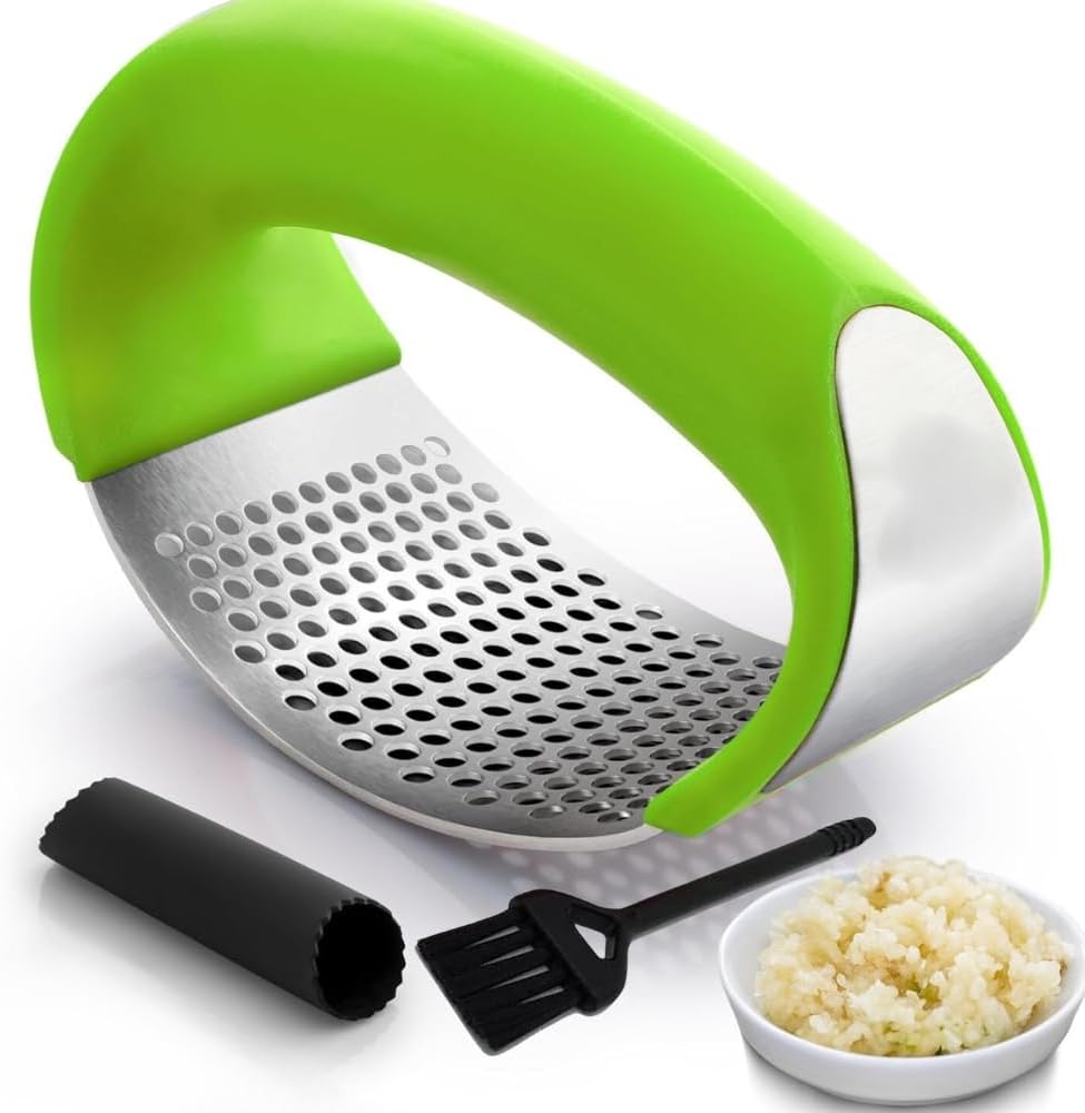Angel's Peel Lounge Stainless Steel Garlic Press Rocker Set with Silicone Garlic Peeler & Cleaning Brush – Garlic Chopper, Mincer, Grater, Crusher – Easy for Crushed Cloves – Rust-Resistant, Black