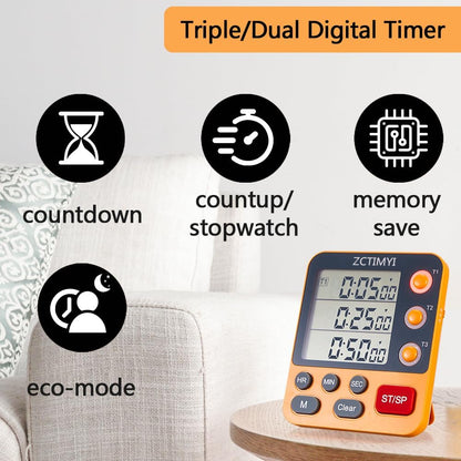 Dual Digital Timer for Kitchen Cooking, 3 Channels Count Down/Up Triple Timer for Kids, Presets Memort Large Display & Magnetic Back Adjustable Alarm Volume, Suit for Kids Teachers Studying, Blue
