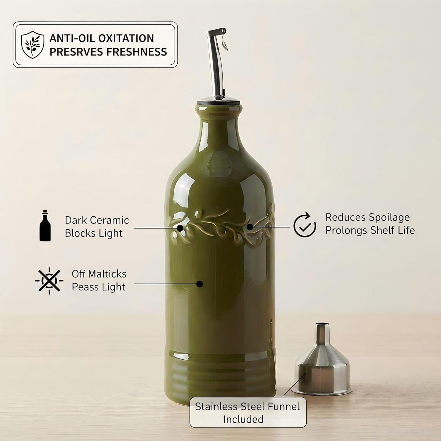 ONEMORE Ceramic Olive Oil Dispenser Bottle with Pour Spouts & Funnel, 17 oz Refillable Kitchen Oil Dispenser for Cooking, Drizzling, Dressing, Modern Leakproof Oil and Vinegar Dispenser, White