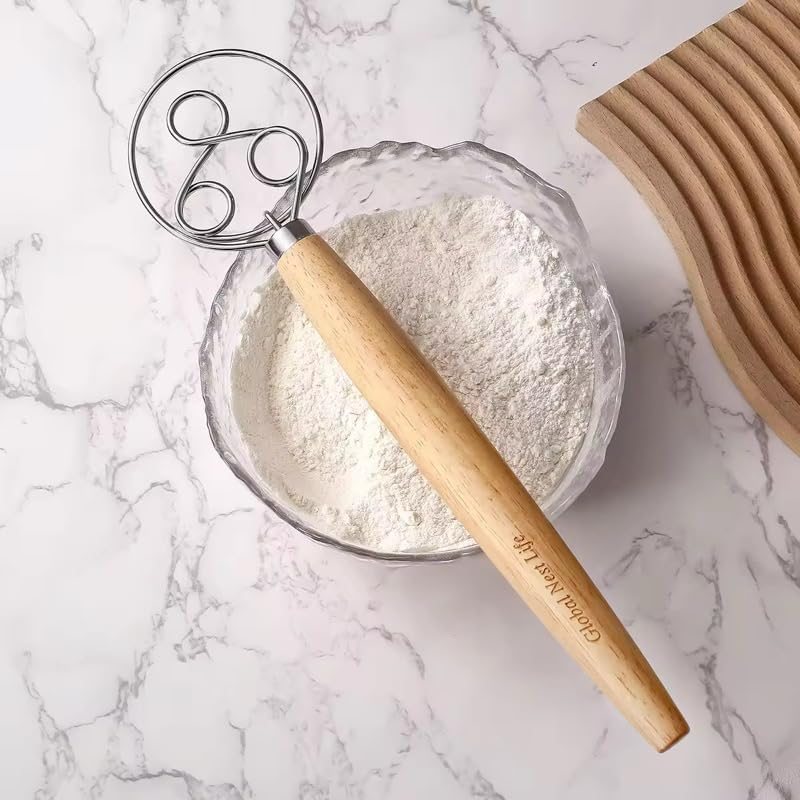 Sourdough Danish Dough Whisk – Three Eye Stainless Steel Upgraded Triple-Loop Bread Mixer Tool With Premium Heavy Duty Solid Wood Handle For Lasting Durability For Artisan Dough, Pizza, And Pastries-