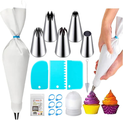 17 Pcs Large Piping Tips, Reusable Piping Bags and Tips Set - 16inch Cotton Pastry Bags & piping coupler, Stainless Steel Frosting Piping Kit & cleaning brush for cupcake,cake,cookie Decorating