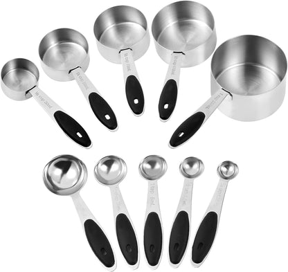 Stainless Steel Measuring Spoons & Cups Set, Includes 10 Sizes, from 1/4 tsp to 1 cup, Food Grade Stackable Tablespoons and Teaspoons Measuring Set for Cooking & Baking (Black)