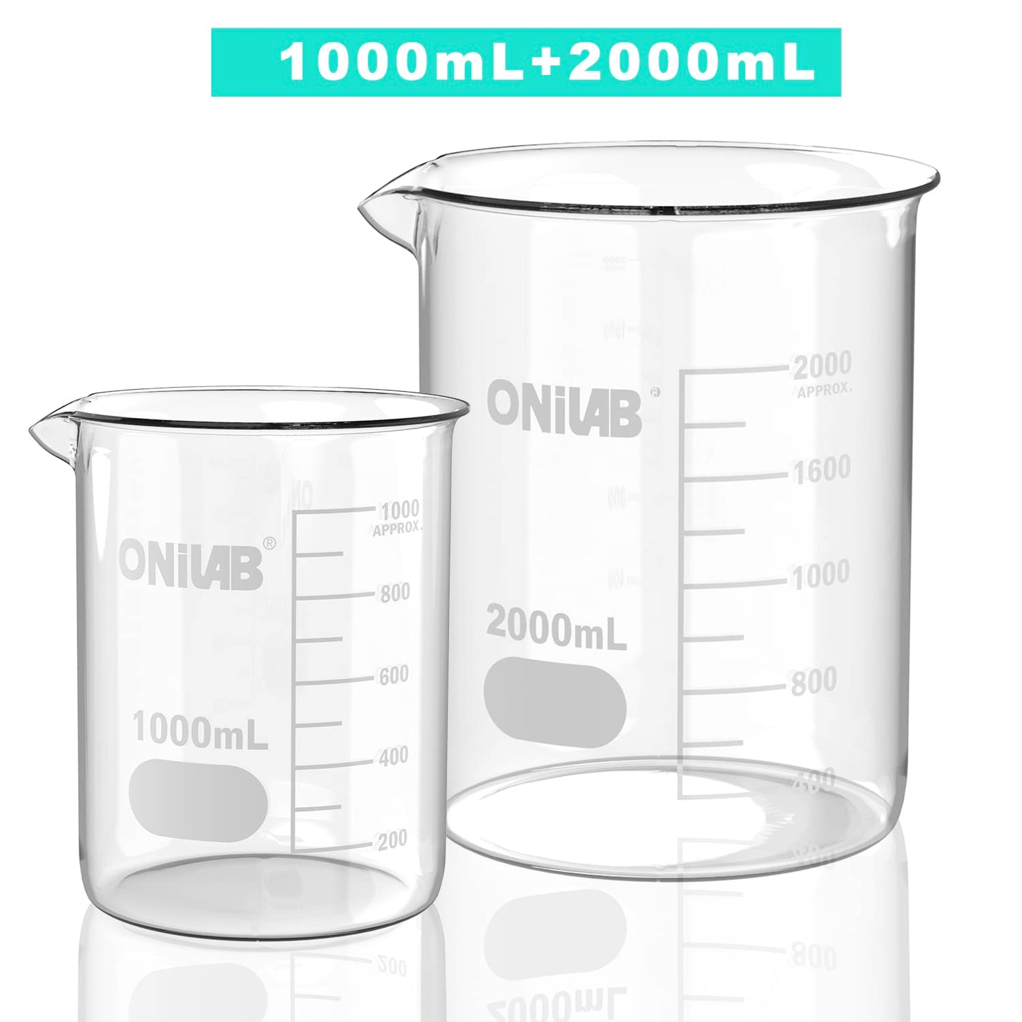 ONiLAB Glass Measuring Beaker Set 50ml 100ml 250ml 500ml 1000ml(Pack of 5) 3.3 Boro Griffin Low Form with Printed Graduation Scientific Glassware for Laboratories, Classrooms or Home Use
