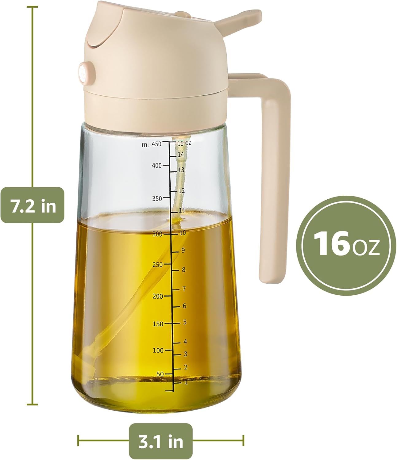 FineDine 16oz Olive Oil Sprayer for Cooking, 2 in 1 Olive Oil Dispenser Bottle for Kitchen, Air Fryer, Salad, BBQ & Baking – Dual Spray Mist & Stream, with Measurement Marks, Black