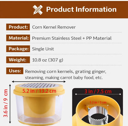 Corn Kernel Remover Tool, Stainless Steel Corn Stripper, Easy Corn Cob Peeler, Safe Grip Kitchen Gadget, Removes Corn in Seconds, No Mess, BPA Free Container (1, Yellow)
