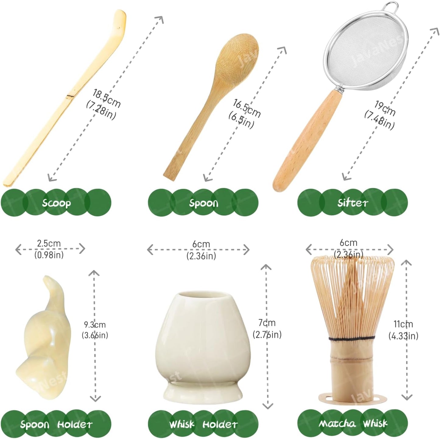 Matcha Whisk Set, 6-Piece Matcha Making Kit, Macha Tea Set, (Chasen Holder), Ceramic Whisk Holder, Matcha Starter Sifter, Bamboo Scoop, Spoon Japanese Tea Tools For Ceremony Gift (Green)