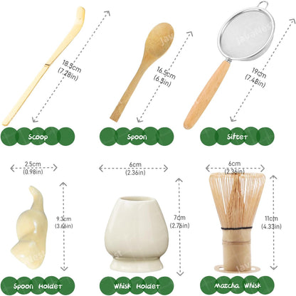 Matcha Whisk Set, 6-Piece Matcha Making Kit, Macha Tea Set, (Chasen Holder), Ceramic Whisk Holder, Matcha Starter Sifter, Bamboo Scoop, Spoon Japanese Tea Tools For Ceremony Gift (Green)