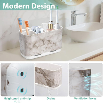 Boperzi Toothbrush and Toothpaste Holder Drainage for Bathroom Countertop with Adjustable Dividers, Large Toothpaste Caddy Organizer Storage Rustic Decor Set Anti-Slip for Shower,Family,Kids Gray