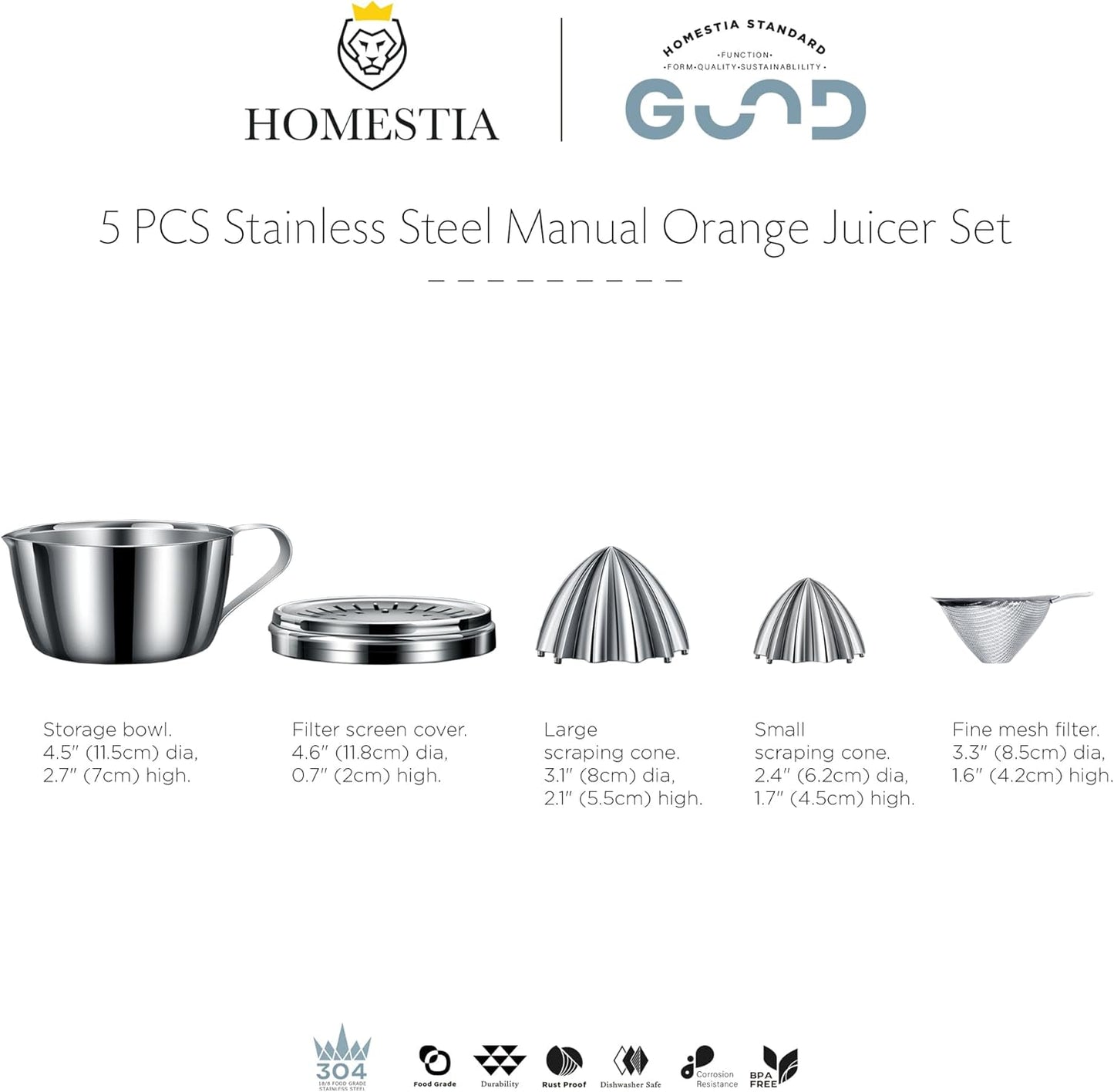 Homestia Stainless Steel Manual Citrus Juicer - Lemon Orange Grapefruit Squeezer with 2 Detachable Cones, 14oz Bowl & Slot Strainer, 304 Heavy Duty Hand Press Juicer for Fresh Juice ﻿