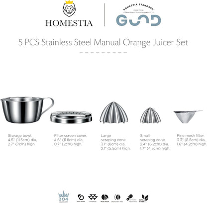 Homestia Stainless Steel Manual Citrus Juicer - Lemon Orange Grapefruit Squeezer with 2 Detachable Cones, 14oz Bowl & Slot Strainer, 304 Heavy Duty Hand Press Juicer for Fresh Juice ﻿