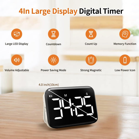 VOCOO Magnetic Kitchen Timer for Cooking with Count Up Countdown, Digital Timer Battery Powered with Large Display, 2 Brightness and Volume Levels for Classroom, Teacher, Kids (Red)