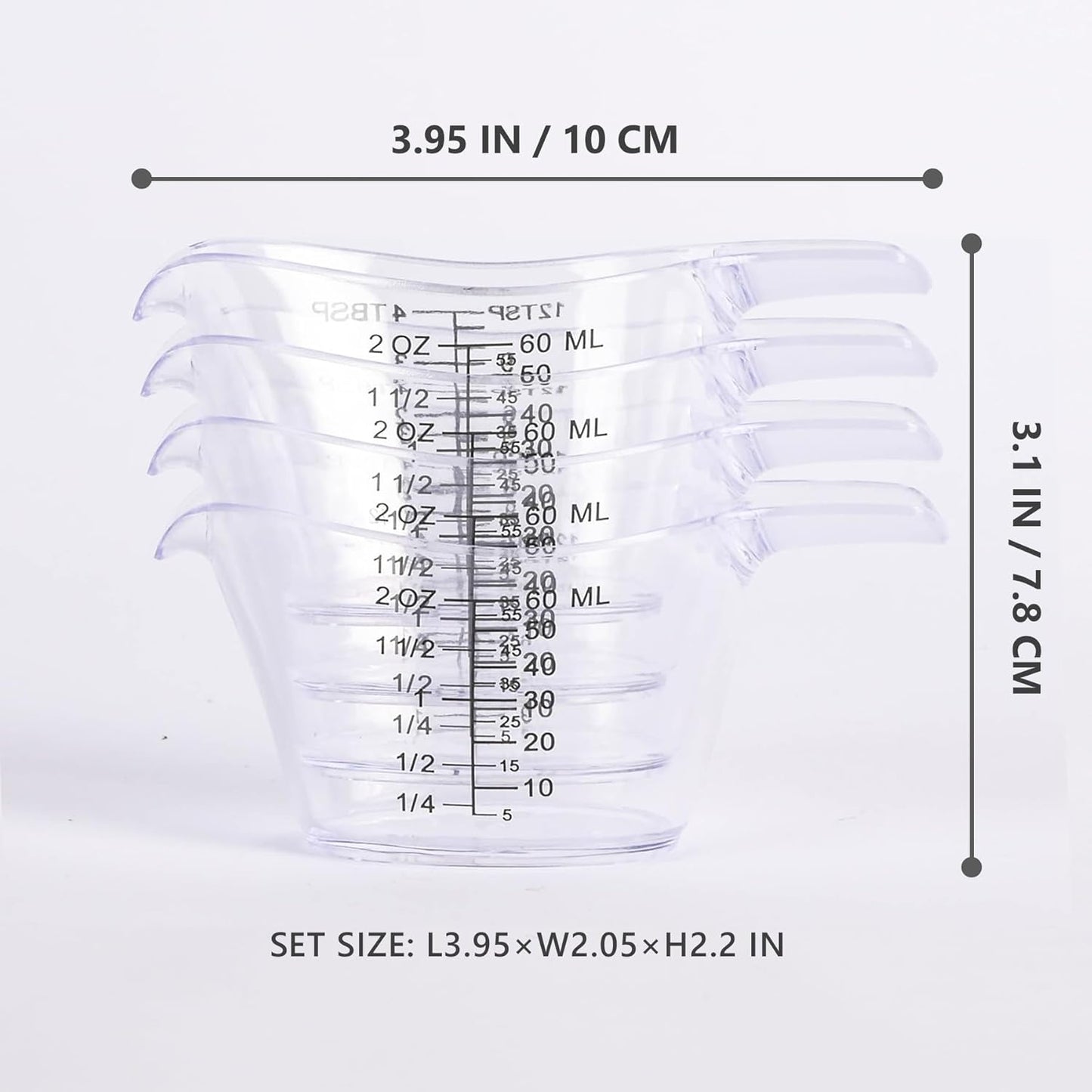 4 Pack Small Measuring Cups, 2oz/60ml Mini Measuring Cup with tsp/Tbsp/oz/ml Markings, Clear Easy-Read Scale for Kitchen, Resin, DIY, Beauty Mixing (4)