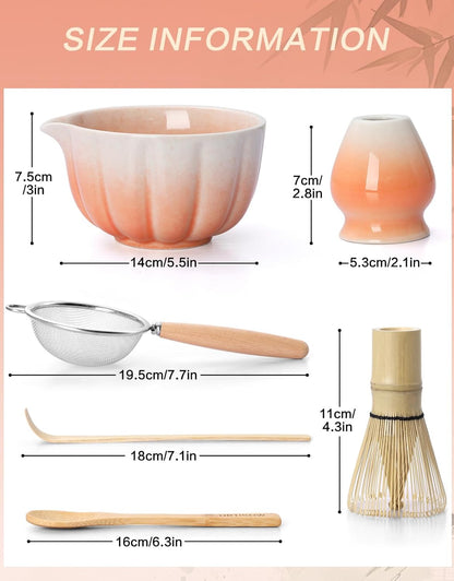 Matcha Whisk Set, 7 Pcs, Matcha Kit Includes Matcha Bowl, Matcha Whisk and Holder, Bamboo Scoop, Spoon, Sifter and Tea Towel, Matcha Set, Gift for Matcha Lovers & Beginners (Pink)