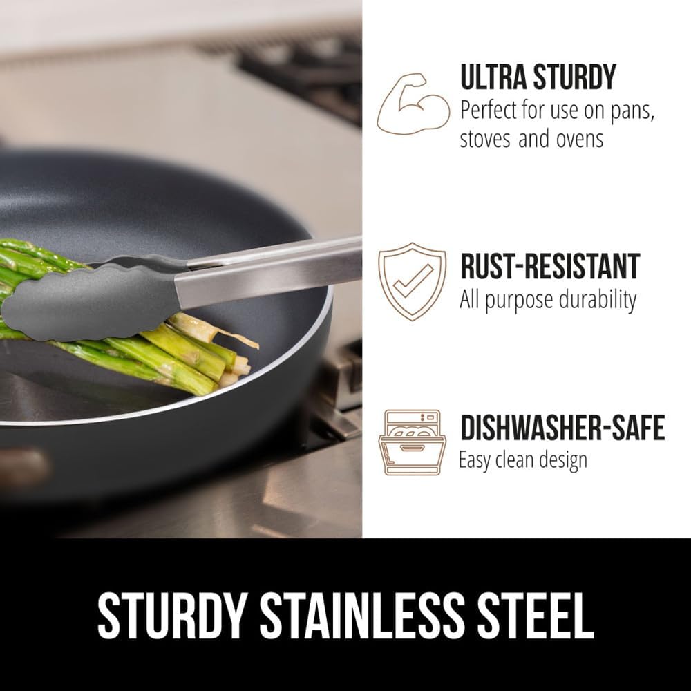 GORILLA GRIP Stainless Steel Heat Resistant Kitchen Tongs for Cooking, Set of 2 BBQ Tong, Non Scratch Silicone Tip for Pans, Strong Grip, Grab Food, Toss Salad, Air Fryer, Pull Lock, 7 + 9 Inch, Black