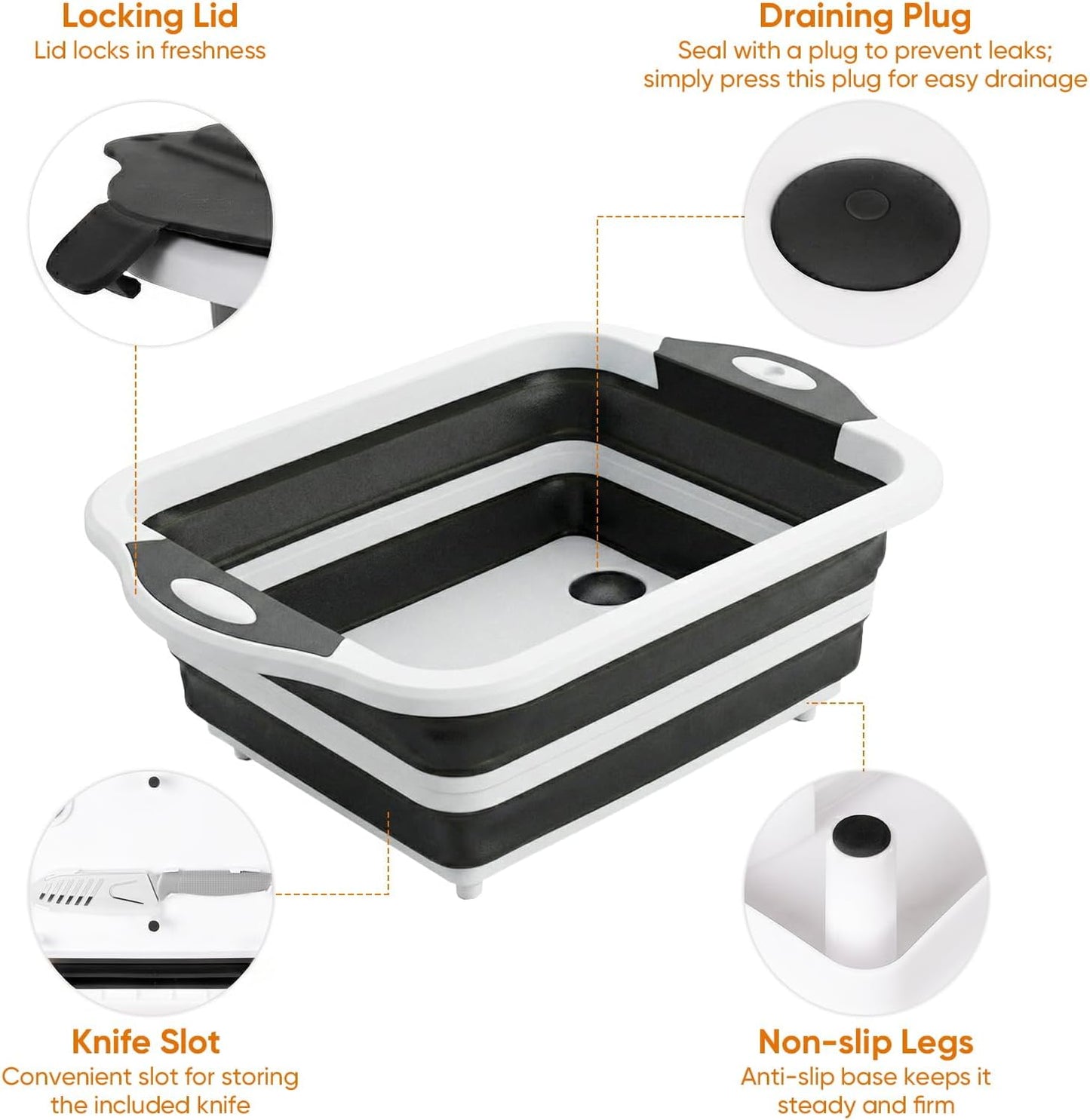 Collapsible BBQ Prep Tub with Lid, Foldable Camping Sink with Colander, Cutting Board, Dish Basin for Kitchen, Bowl, Vegetable and Fruit, Storage Basket for Picnic-Black