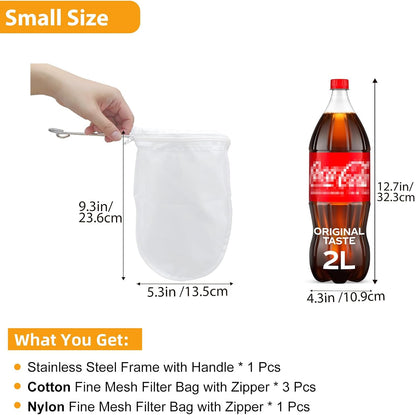 5 Pcs Premium Ultra Fine Mesh Strainer Bags with Stainless Steel Handle, Reusable Nut Milk Bags, Cheese Cloths for Straining Juice, NutMilk, Coffee, Thai Tea, Yogurt and Soup (Medium)