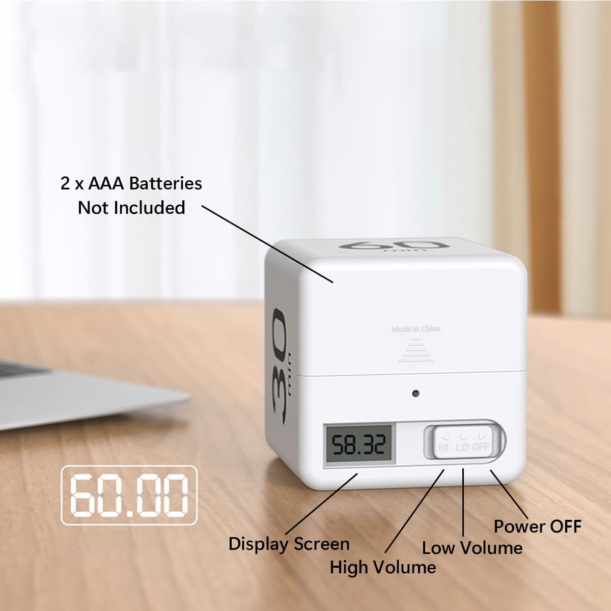 Cube Timer, Gravity Sensor Flip Timer for Study, Work, Game, Task, Kitchen, Kids, ADHD, Productivity, Workout (White 15-20-30-60)