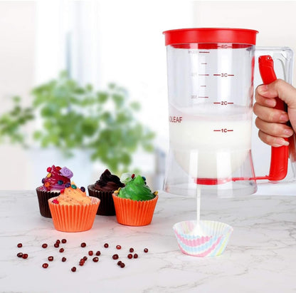 Leilanis Breadleaf Batter Dispenser for Pancakes, Waffles, Cookies, Cakes, Set 6 pcs Griddle BreakFast Kit Egg Rings and Oil Brush 4 Cup Capacity (Red)