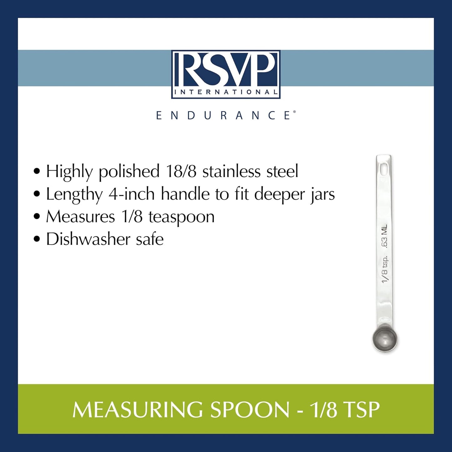 RSVP International Endurance Kitchen Collection Open Stock Measuring Spoon, Stainless Steel, Dishwasher Safe, 0.5-Teaspoon