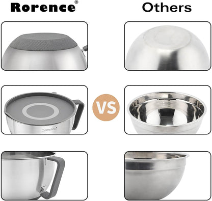 Rorence Stainless Steel Non-Slip Mixing Bowls With Pour Spout, Handle and Lid, Set of 3, Black