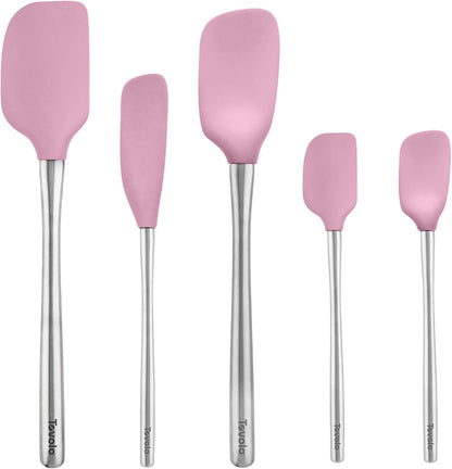 Tovolo Stainless Steel Handled Silicone Spatula Set of 5 White, Dishwasher Safe Kitchen Spatula Set for Cooking Baking, Non Toxic BPA Free Silicone Spatula set with Metal Steel Handle