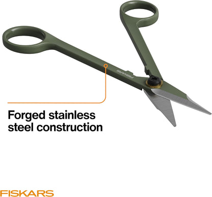 Fiskars Plant Shaping Shears & Holder, Precision Indoor Gardening Snips with Storage Caddy, Forged Stainless Steel Blades for Clean Cuts on Broad Leaves, Ambidextrous Handles & Stem Stripper, 6"