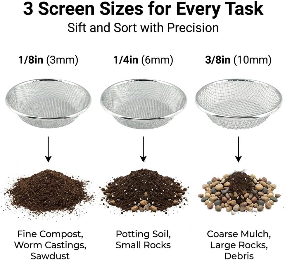 Gardening Sieve with Mesh Strainer, Soil Sifter Screens for 5 Gallon Buckets, Iron Bucket-Top Sieve Set with Gloves, 3/8 inch, 1/4 inch and 1/8 inch Mesh for Compost, Sawdust and Worm Castings