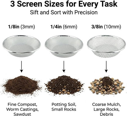 Gardening Sieve with Mesh Strainer, Soil Sifter Screens for 5 Gallon Buckets, Iron Bucket-Top Sieve Set with Gloves, 3/8 inch, 1/4 inch and 1/8 inch Mesh for Compost, Sawdust and Worm Castings