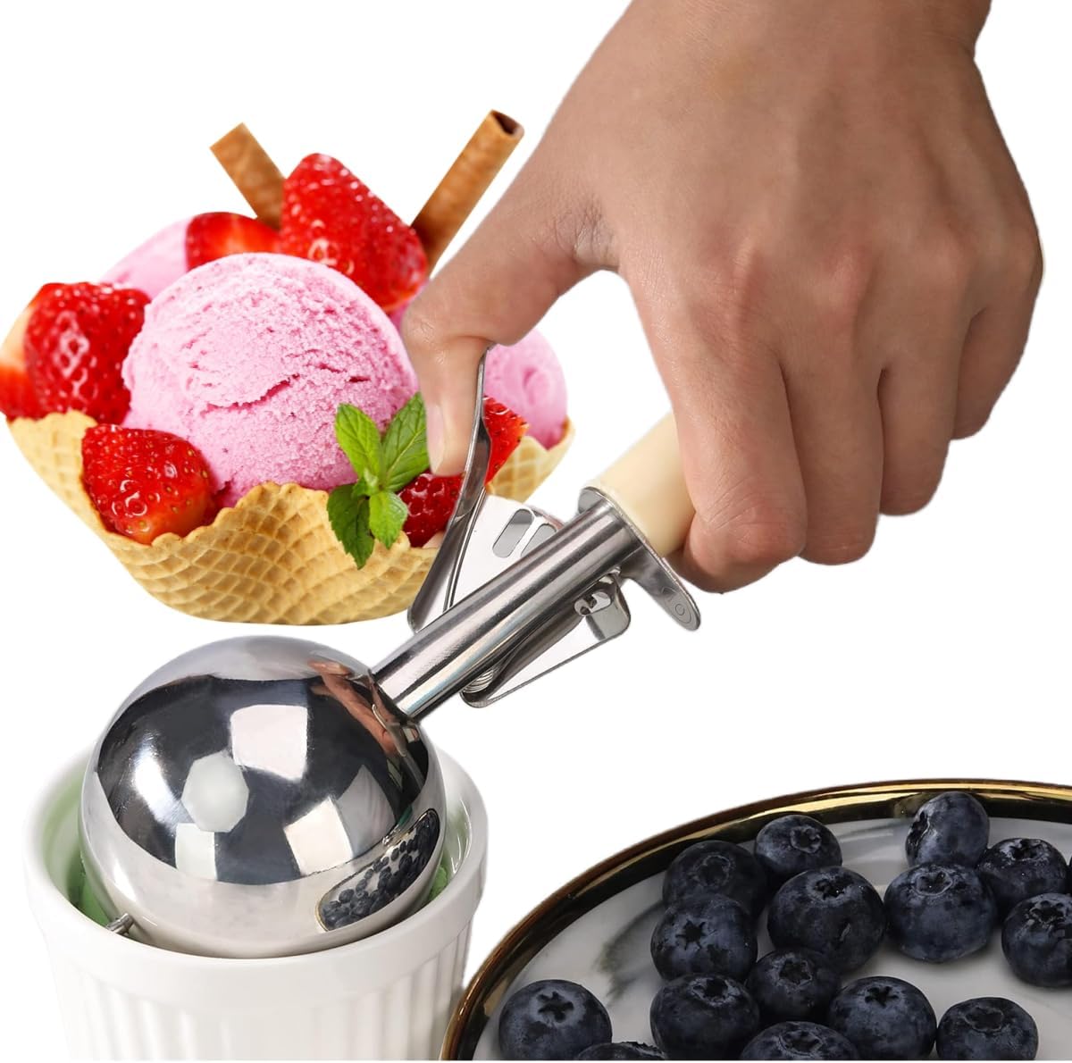 3-3/4 OZ Ice Cream Portion Scoop with Trigger Release Food Disher with Ivory Handle #10 Food Portion Control Scoop Ice Cream Scooper Cookie Scooper for Baking