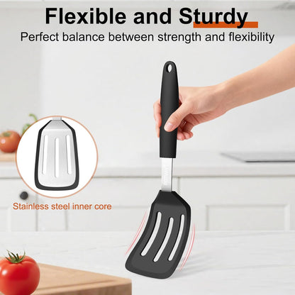 2 Pack Silicone Spatula Set, 600°F Heat Resistant Kitchen Spatula, BPA Free Solid & Slotted Turner, Flexible Cooking Utensils for Non Stick Frying Pan, Flipper for Eggs and Pancakes (Black)