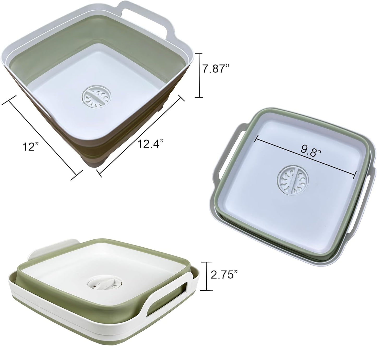 9L (2.4Gal) Dish Basin Collapsible with Drain Plug , Space Saveing Kitchen Storage Tray Dish Wash Basin, Portable Dish Tub, Foldable Dishpan for Camping ,RV,Green