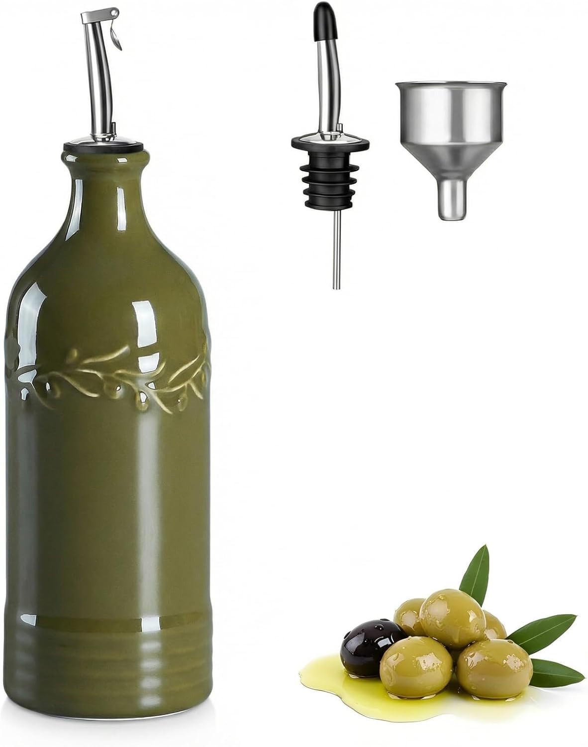 ONEMORE Ceramic Olive Oil Dispenser Bottle with Pour Spouts & Funnel, 17 oz Refillable Kitchen Oil Dispenser for Cooking, Drizzling, Dressing, Modern Leakproof Oil and Vinegar Dispenser, White