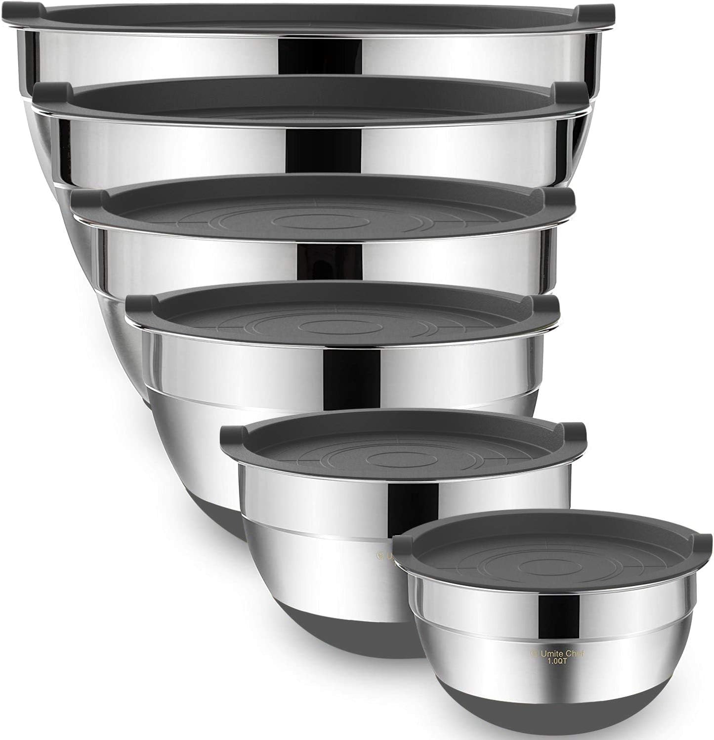 Umite Chef Mixing Bowls with Airtight Lids, 6 piece Stainless Steel Metal Nesting Storage Bowls, Non-Slip Bottoms Size 7, 3.5, 2.5, 2.0,1.5, 1QT, Great for Mixing & Serving (Khaki)