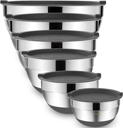 Umite Chef Mixing Bowls with Airtight Lids, 6 piece Stainless Steel Metal Nesting Storage Bowls, Non-Slip Bottoms Size 7, 3.5, 2.5, 2.0,1.5, 1QT, Great for Mixing & Serving (Khaki)