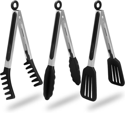 HST 3 Pack Kitchen Tongs, Non Stick Stainless Steel 9 Inch Tongs With Silicone Tip for Cooking BBQ Baking(Red)