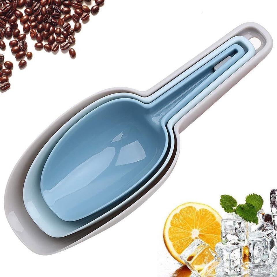 Set of 3 Ice Scoop, Plastic Kitchen Ice Scoop for Canisters or Ice Maker, Food Scoops for Canisters, Freezer, Flour, Dry Foods, Coffee Beans, Pop Corn, Pet Dog Cat Food (Blue)