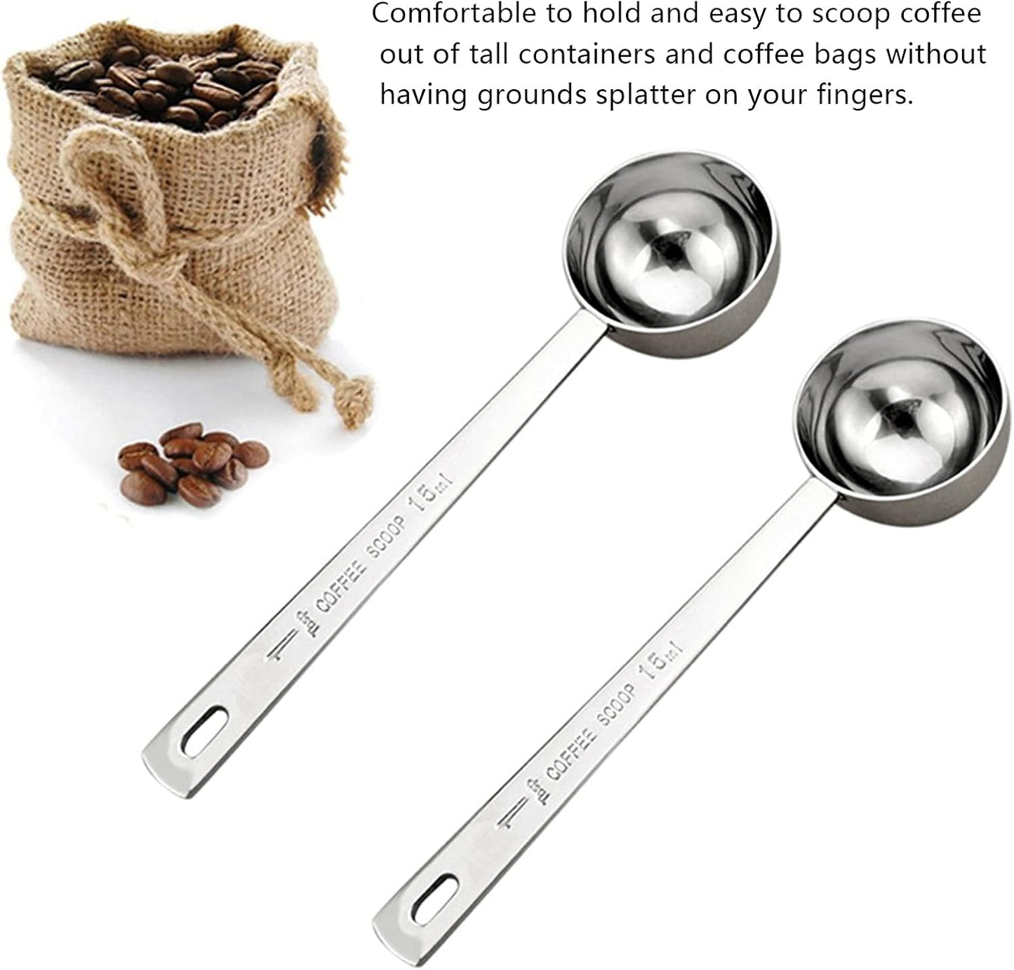 2 Pack Coffee Scoop, Tablespoon measure spoon contains 1 tablespoon (15ml) and 2 tablespoons (30ml), Stainless steel long handle coffee spoon silver