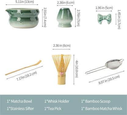 DWEHIXBUY Matcha Kit 7-Pcs matcha whisk set, Measuring Spoon, Japanese Tea Making Tools,Cha, tea bowl, pink matcha set (dark blue)