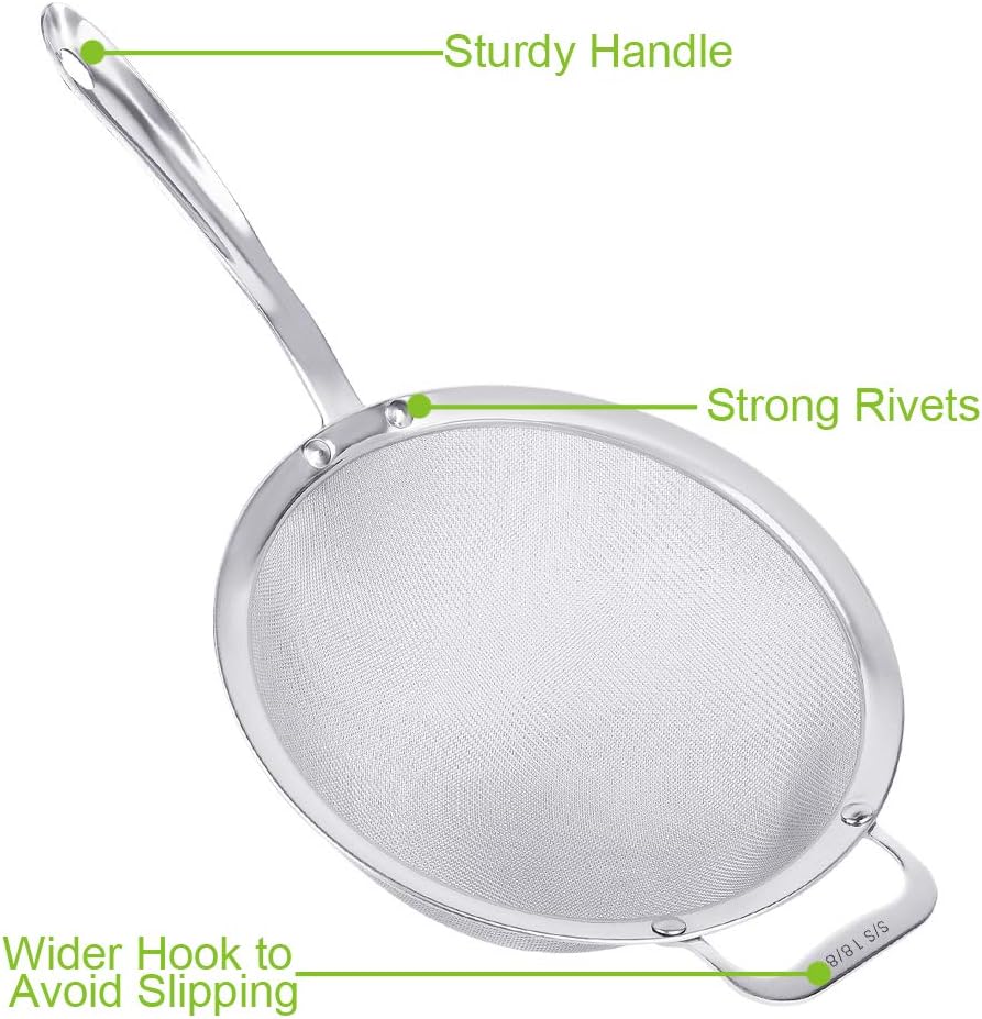 9" Large Mesh Strainer, Stainless Steel 18/8 Extra Fine Quinoa Sieve, with Solid Sturdy Handle, Flour Filter with Wider Hook