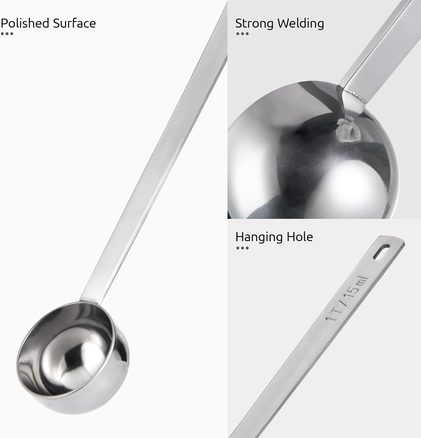 U-Taste Coffee Scoop 1 Tablespoon: 18/8 Stainless Steel Measuring Scooper for Ground Coffee, Bean, Powder, Espresso, 4.3in Long Handle Metal Measure Spoon for Canister, Jar (1Tbsp/15ml)