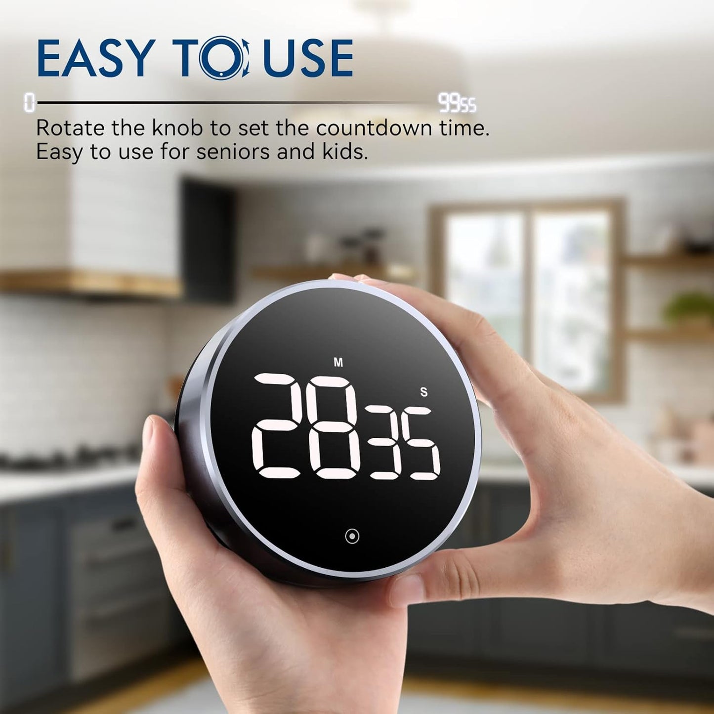 Digital Kitchen Timer, 3.8'' Large LED Display Countdown Countup Timer, Timer for Kids, Classroom Magnetic Timer, Adjustable Volume, Brightness, Easy for Cooking/Study/Office/Exercise (Ridged Knob)