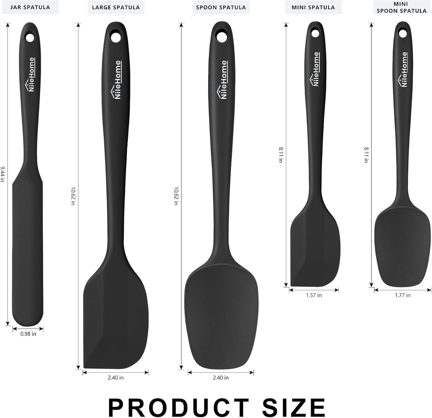 NileHome Silicone Spatula Set, 5 Pieces Food Grade Kitchen Utensils with Silicone Brush Heat Resistant BPA-free Rubber Spatula for Scraping, Baking, Cooking, Mixing—Black