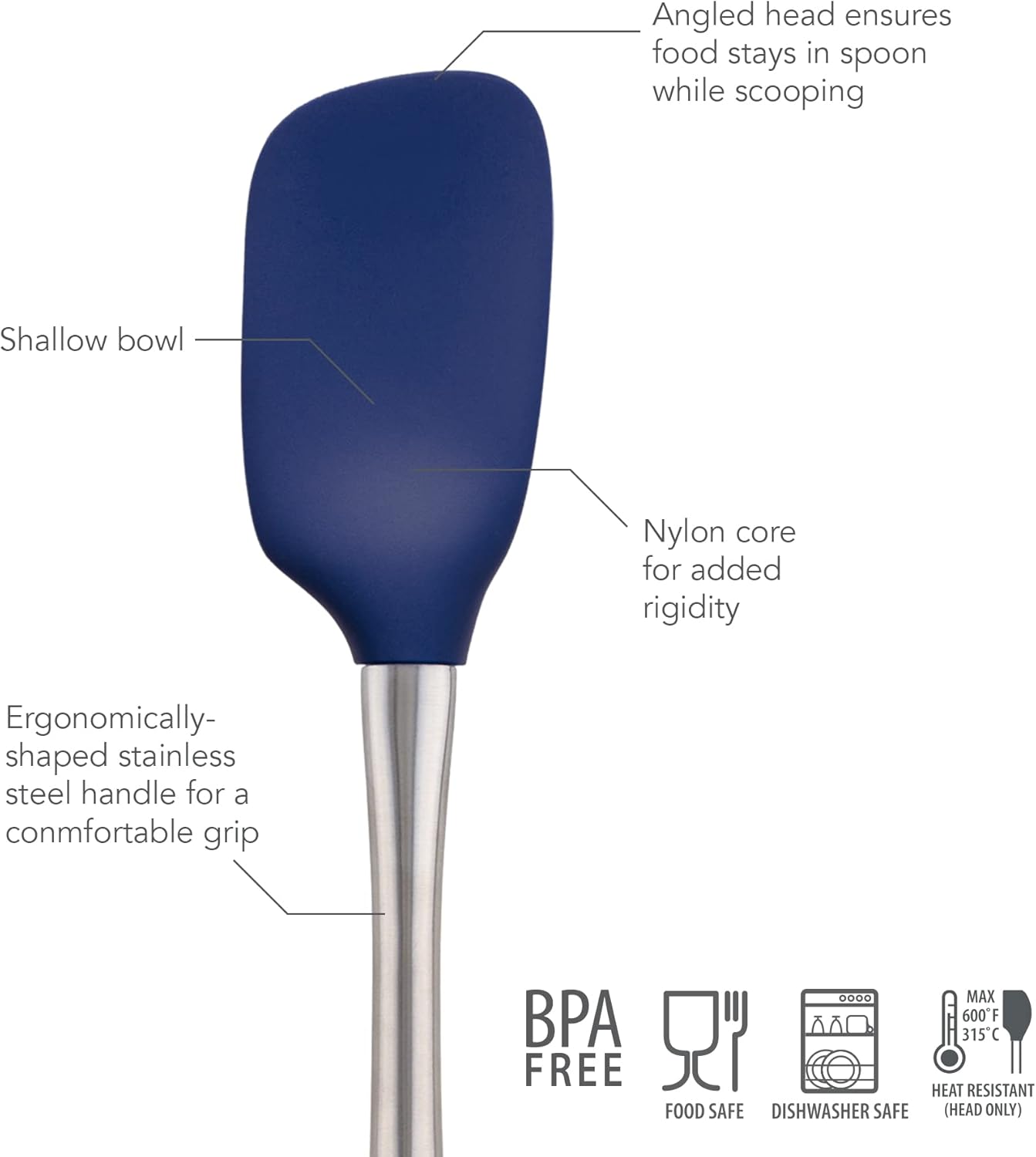 Tovolo Flex Core Silicone Spatula Spoonula Set of 2 for Non Stick Cast Iron Cooking & Baking, Dishwasher Safe Heat Resistant BPA Free Long Stainless Steel Handle Kitchen Utensil, Charcoal Gray
