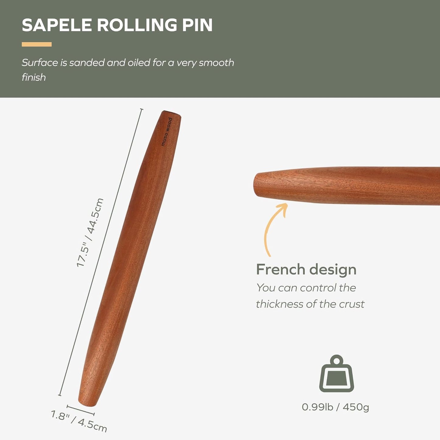 Muso Wood Sapele Wooden French Rolling Pin for Baking, Tapered Roller for Fondant, Pie Crust, Cookie, Pastry (French 15-3/4inch)
